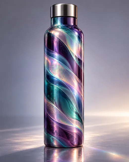Prism Shift bottle concept with swirling teal purple and pink iridescent artwork