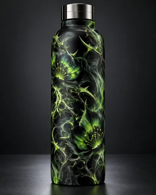 Toxic Bloom black bottle concept with bright green thorned botanical graphic